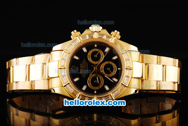 Rolex Daytona Chronograph Miyota Quartz Movement Full Gold with Diamond Bezel and Black Dial-White Markers - Click Image to Close